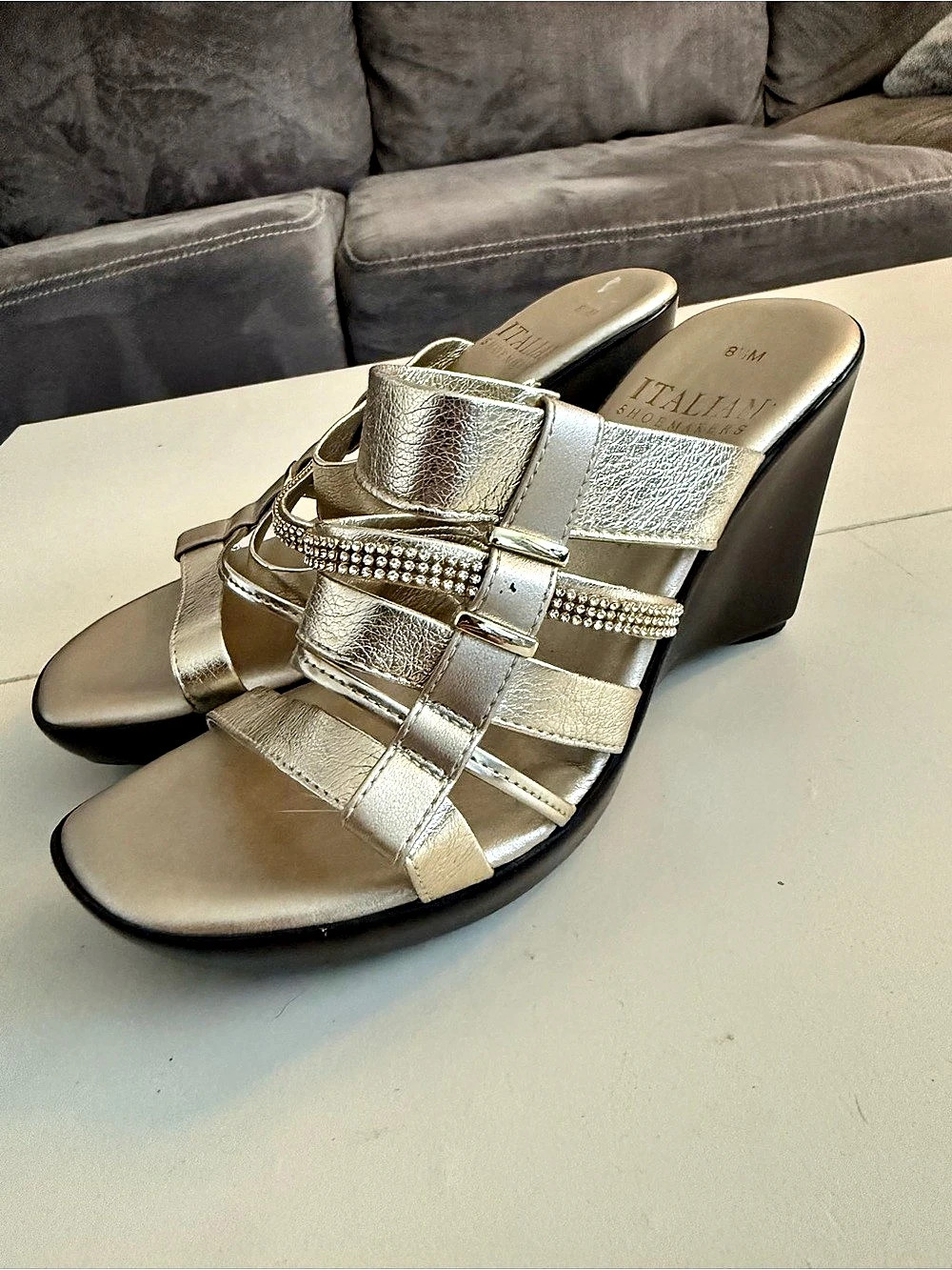 Italian Shoemakers Metallic Gold Rhinestone Strappy Wedge Mules Classy Resort 8.